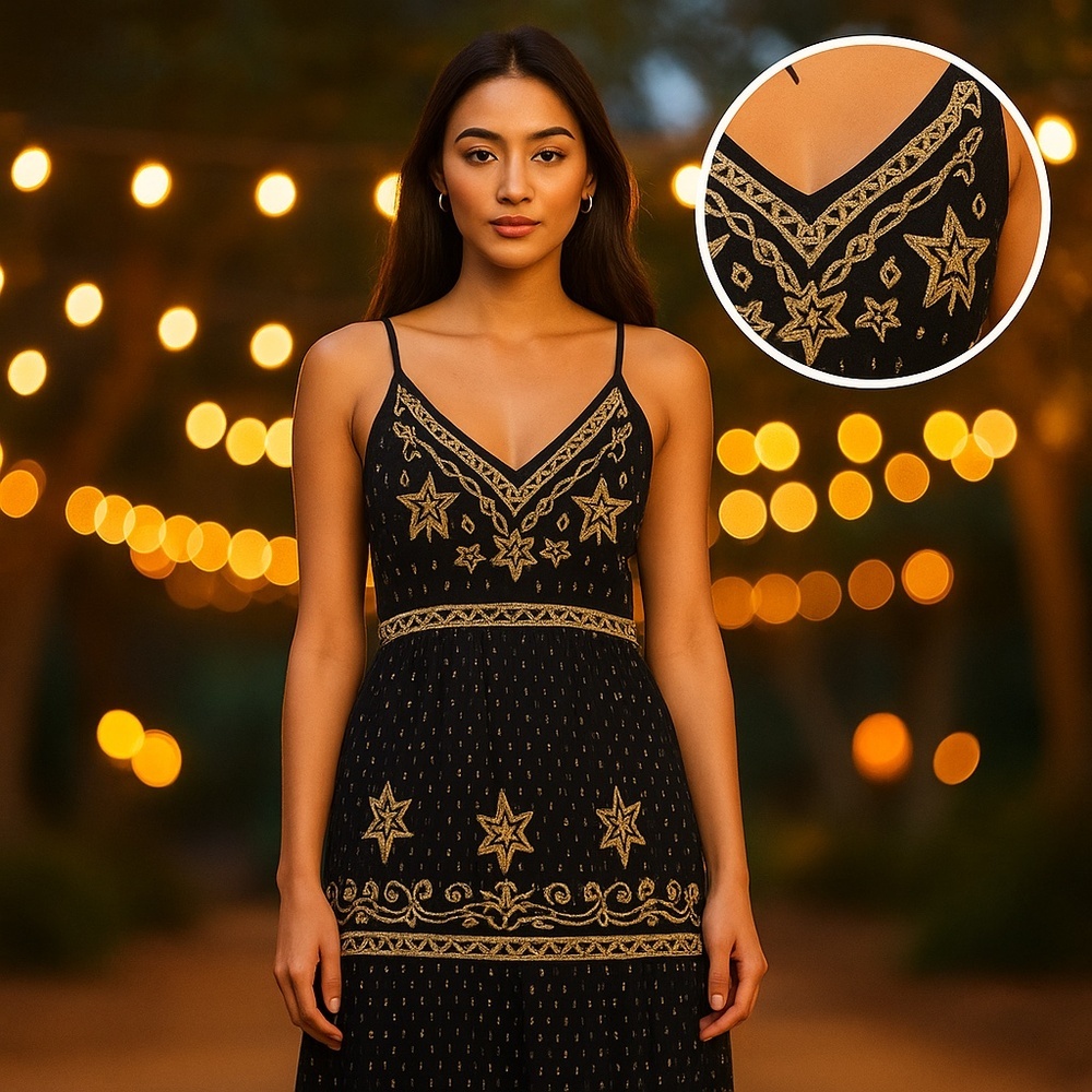 RAGA Black Cotton Gold Sequin Embroidered Maxi Dress Festival XS